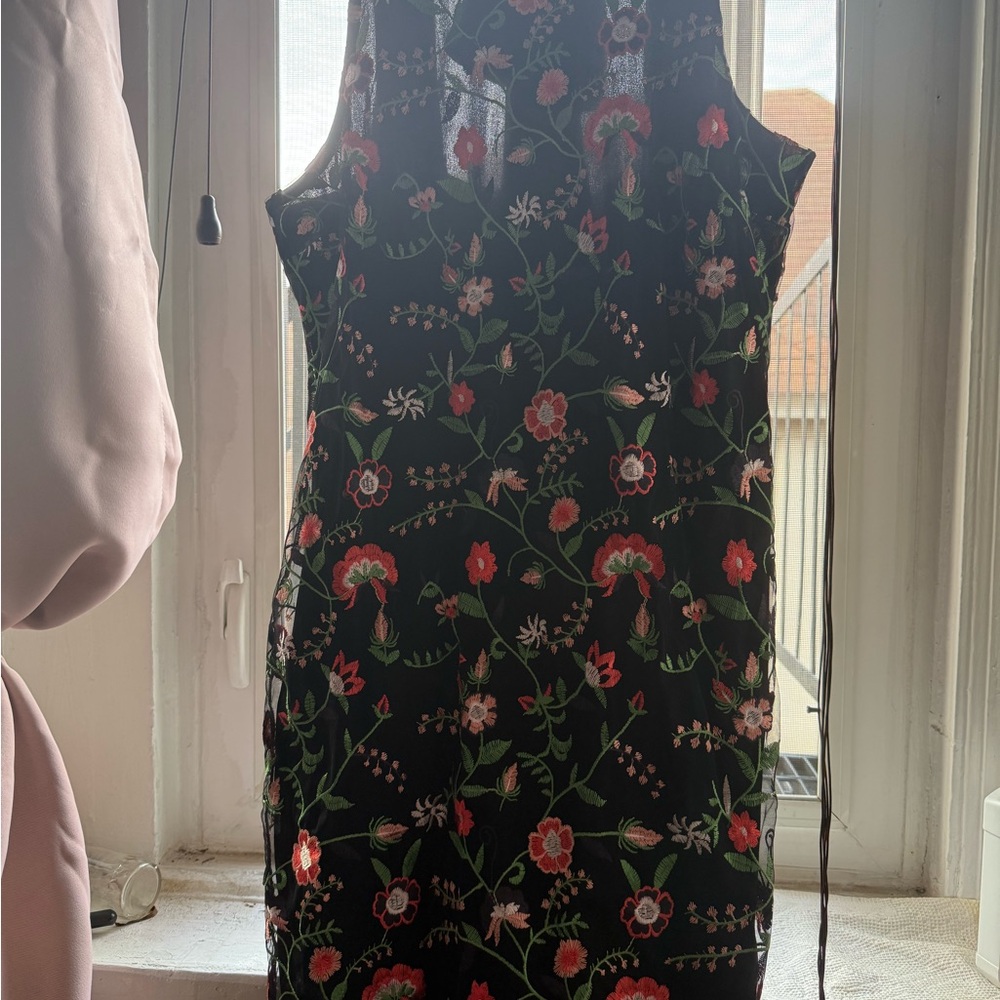 Sam Edelman Black Midi Dress with Red & Green Floral Embroidery